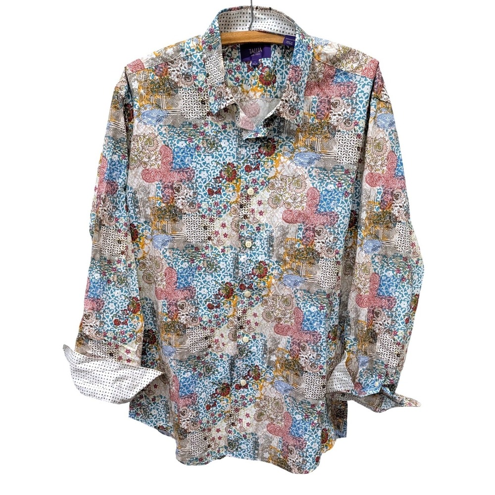 Tallia Orange Men's Patchwork Floral Paisley Cotton Button Down Shirt- Large